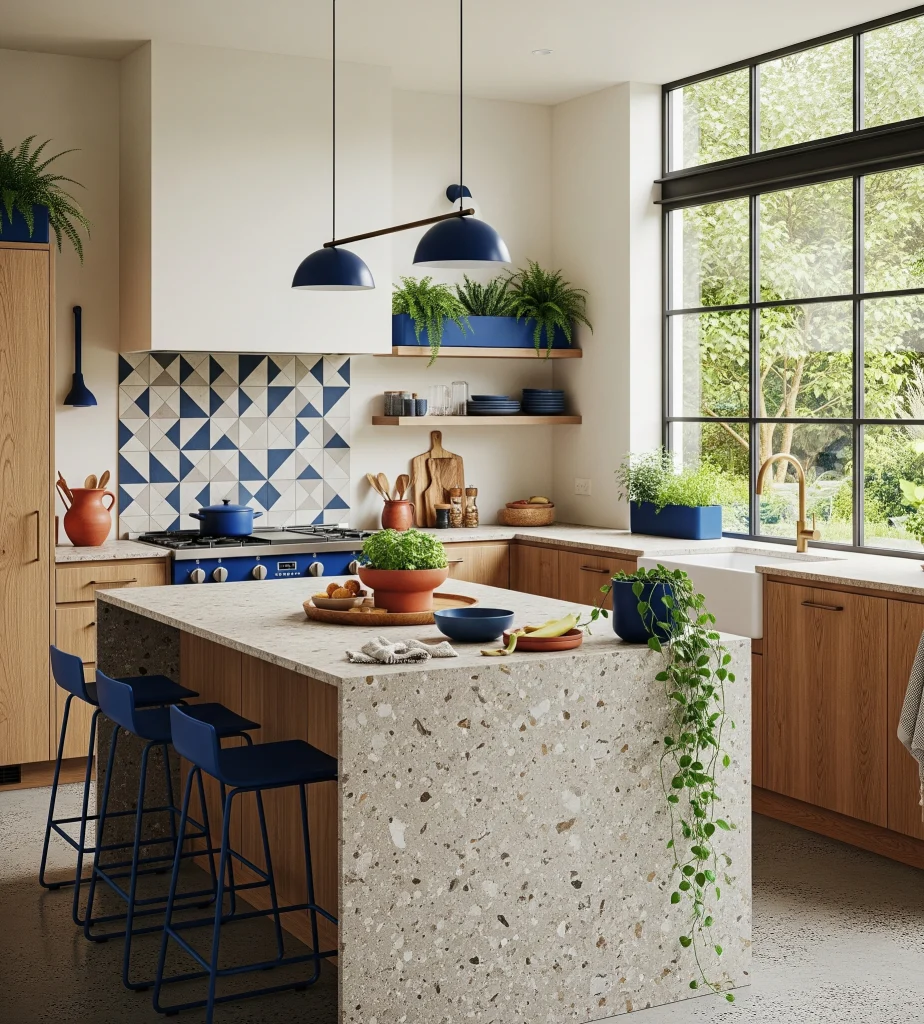 Modern 2026 kitchen with eco-friendly materials, sustainable wood and recycled stone countertops, natural textures, indoor greenery, bold accent colors, and bright natural light.