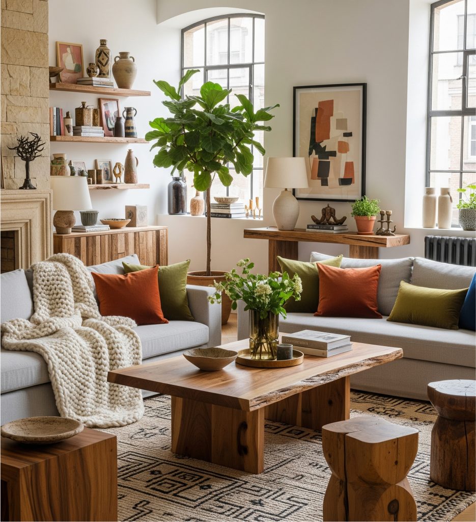 Modern rustic living room with handcrafted wooden furniture, warm stone accents, layered textures, bold colors, large cozy sofa, natural light, and indoor greenery.
