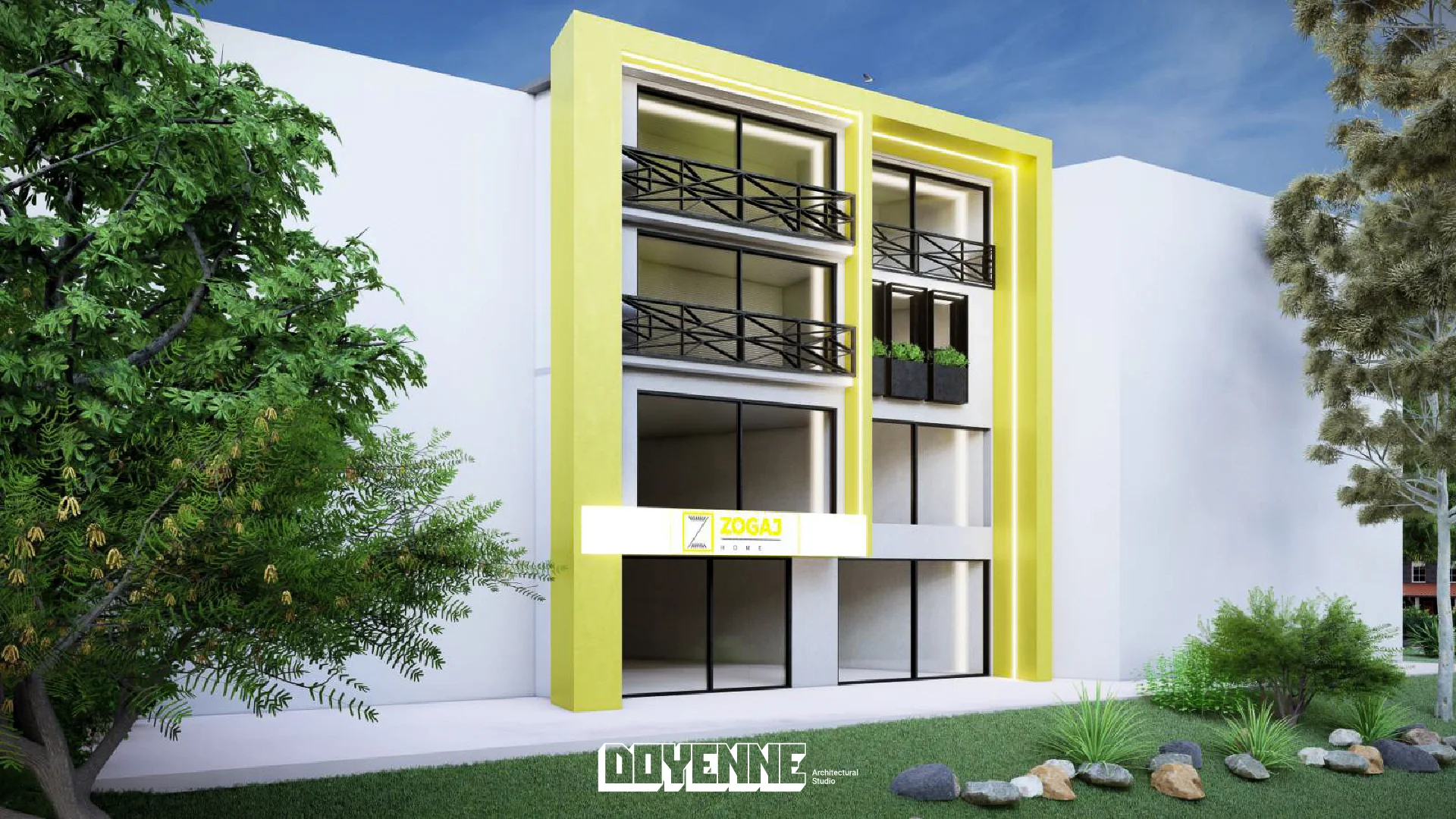 Zogaj commercial facade front view with signature yellow cladding