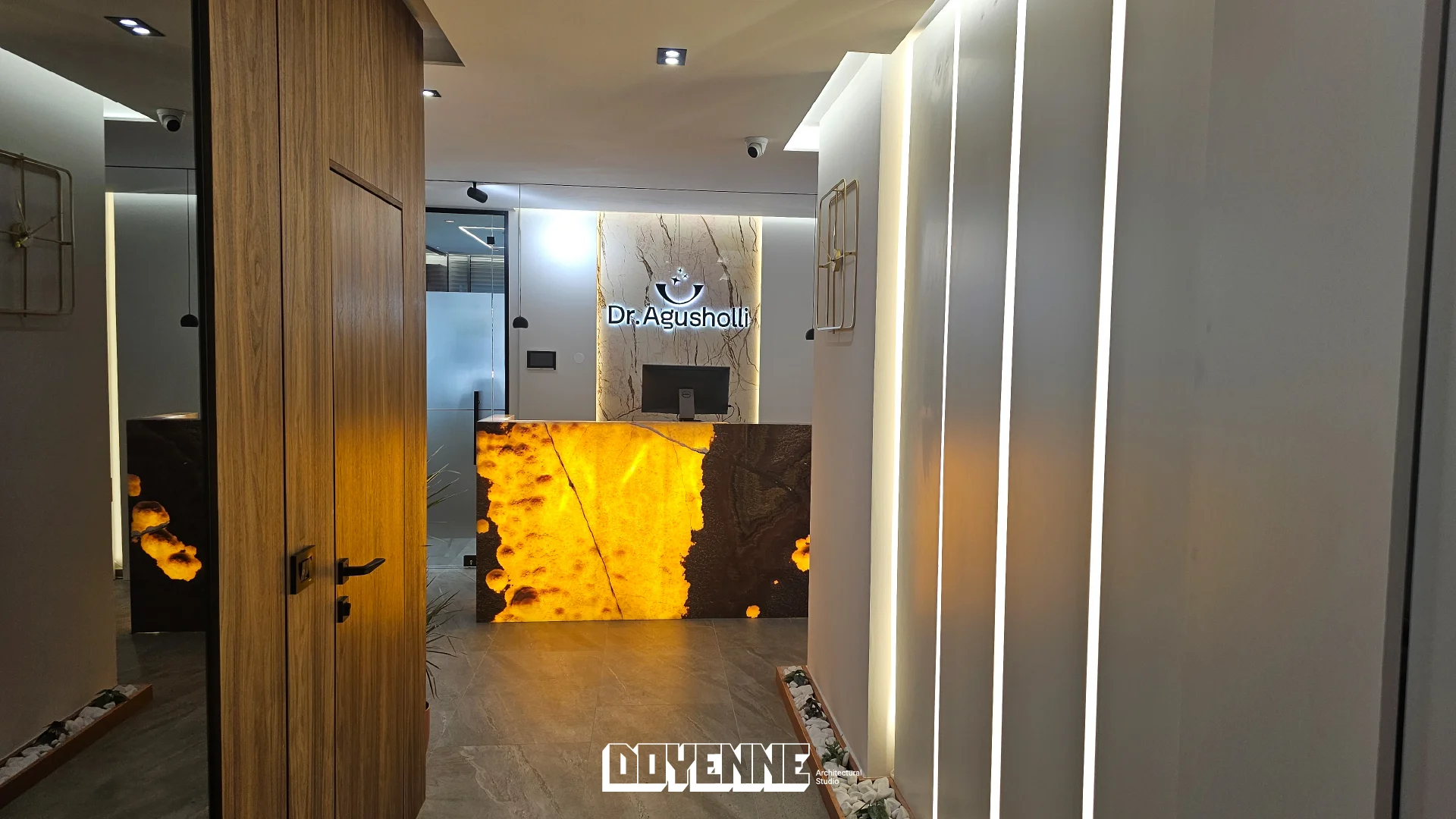 Agusholli dental clinic reception area with modern LED lighting