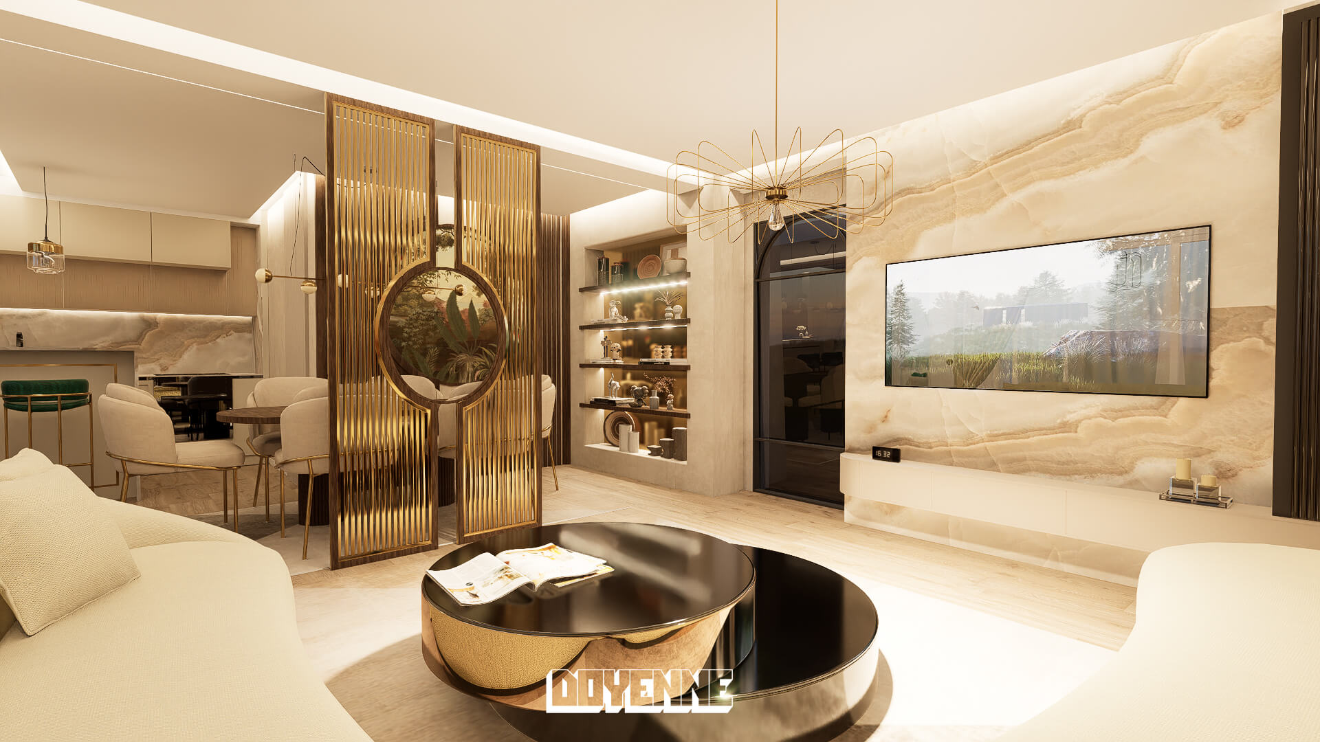 DK contemporary living room and kitchen open-plan interior design