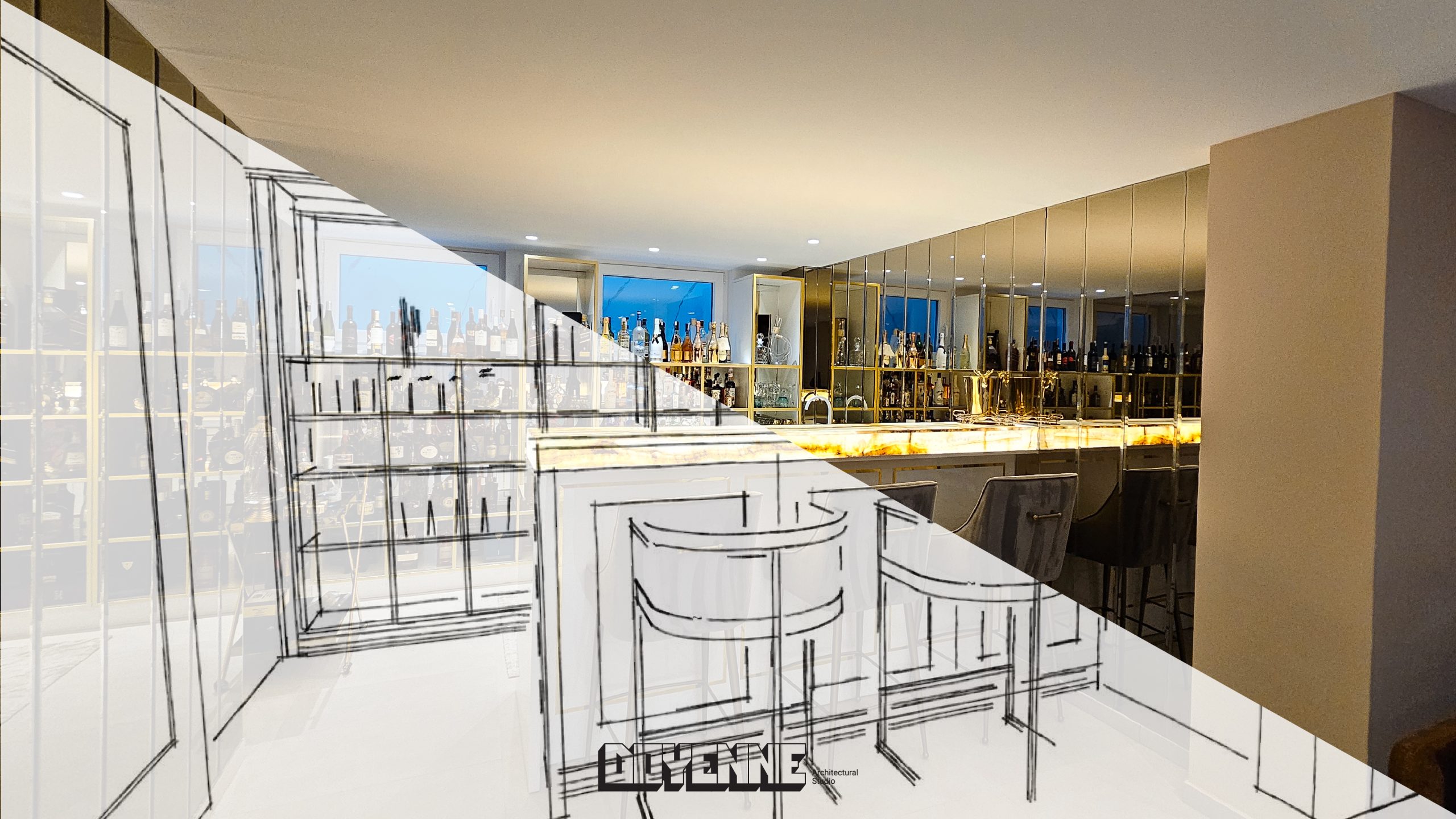 Luxury minibar design with onyx stone surfaces and LED lighting by Doyenne