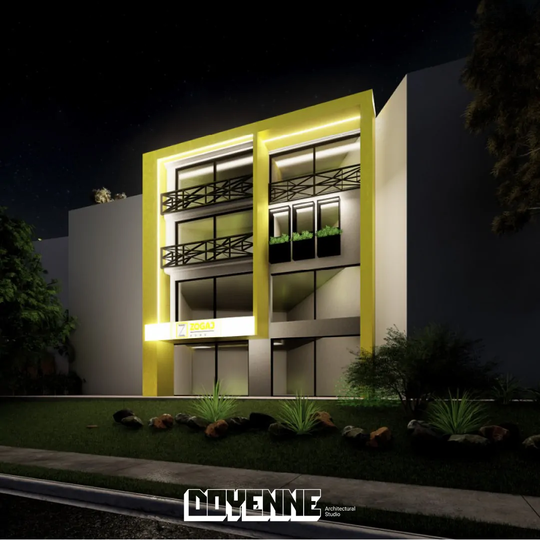 Zogaj commercial building facade design with signature yellow branding