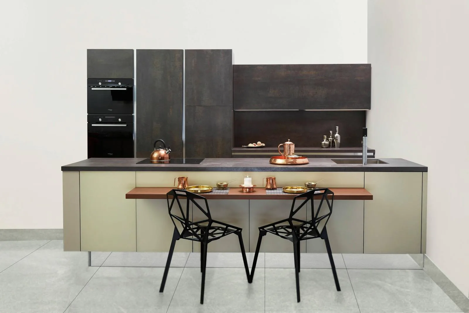 Dark modern kitchen with copper accents