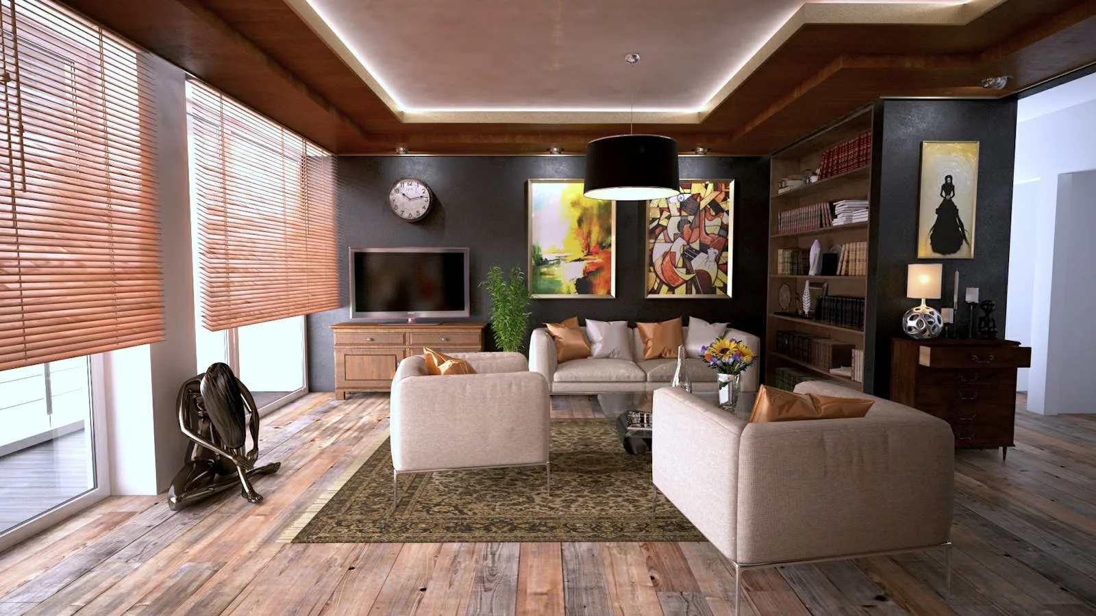 Warm modern interior with curated artwork and designer furniture