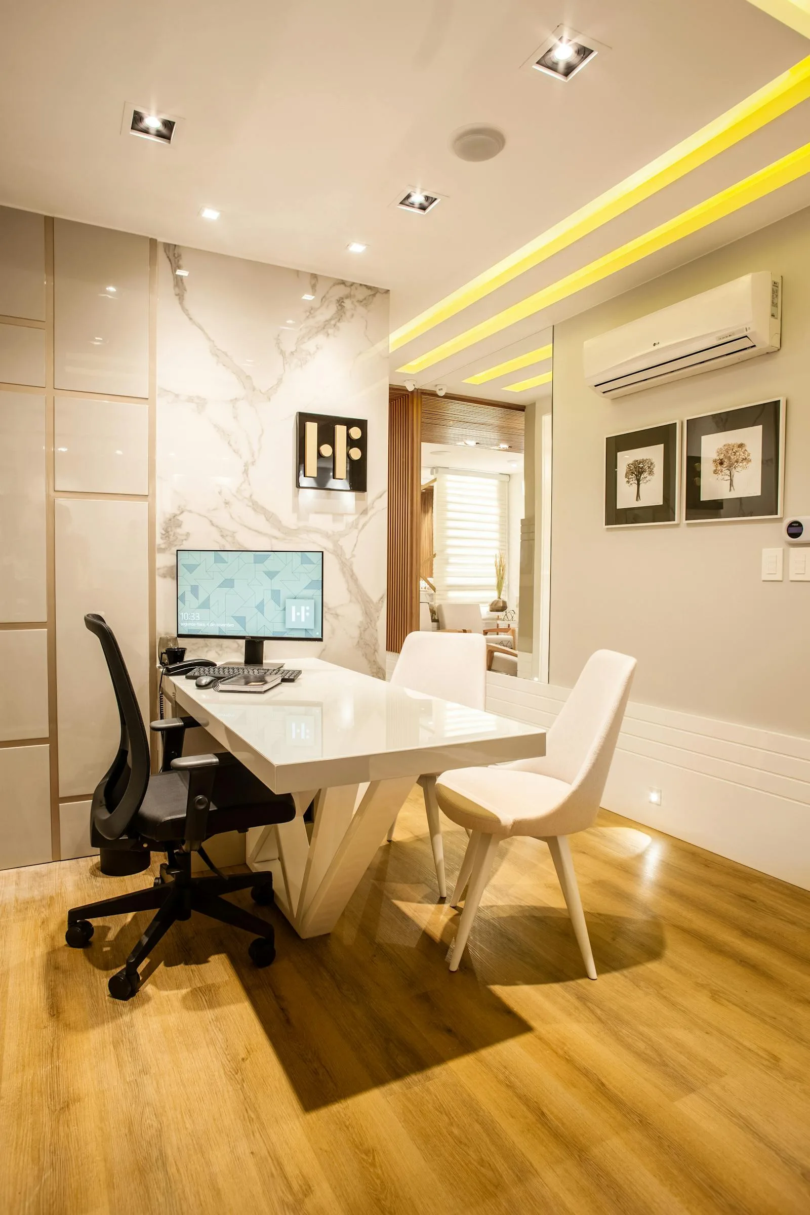Modern professional office interior with marble accent wall
